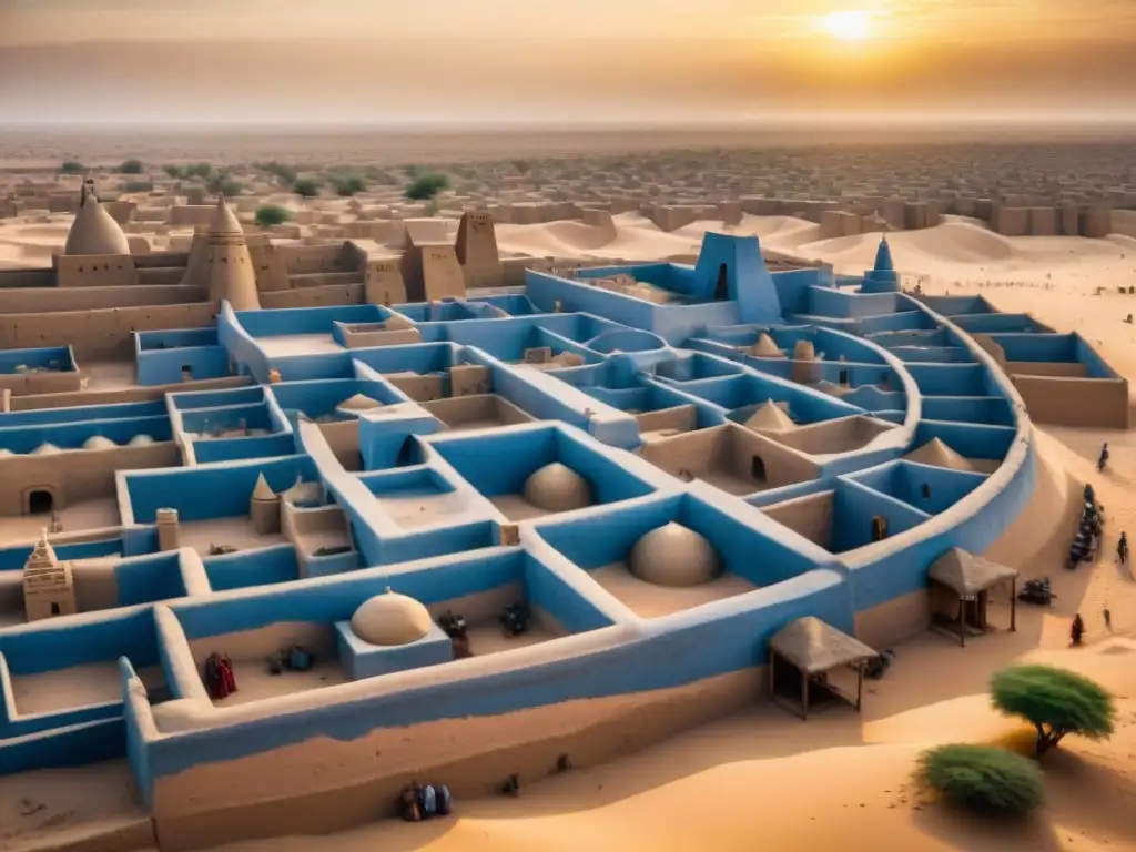 Vista aérea de Timbuktu en Mali con arquitectura de barro y vida tradicional, reflejando la influencia global de los Imperios del Sahel