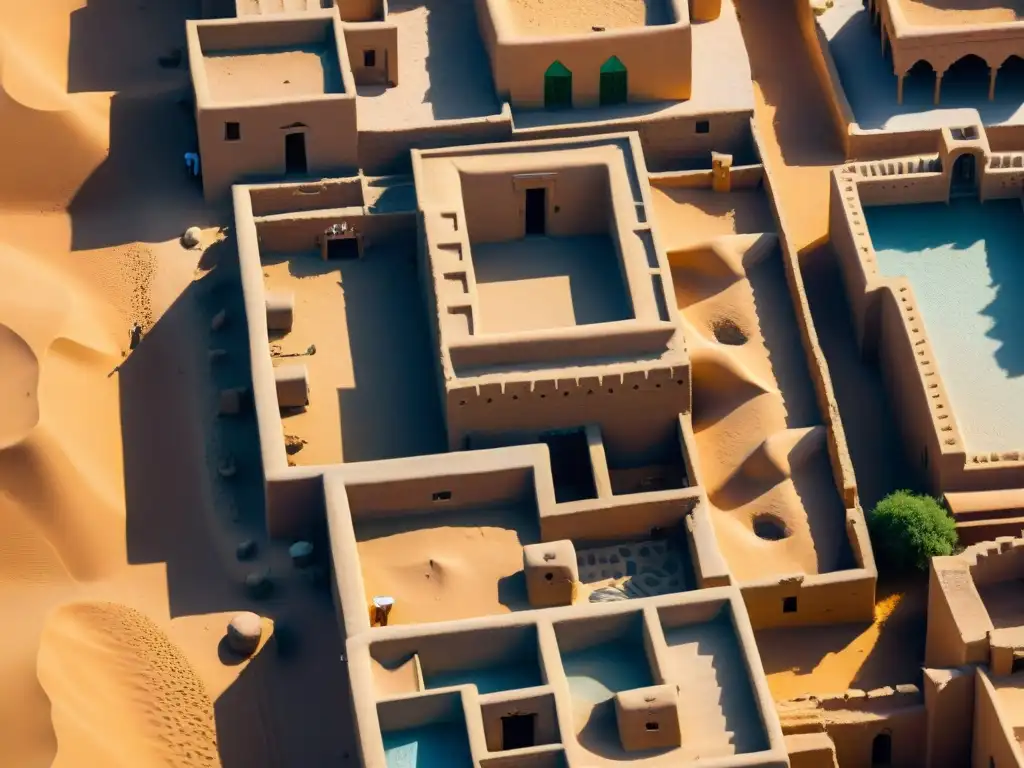 Vista aérea de Timbuktu con sus edificaciones de adobe y calles estrechas, rodeadas por el desierto del Sahara