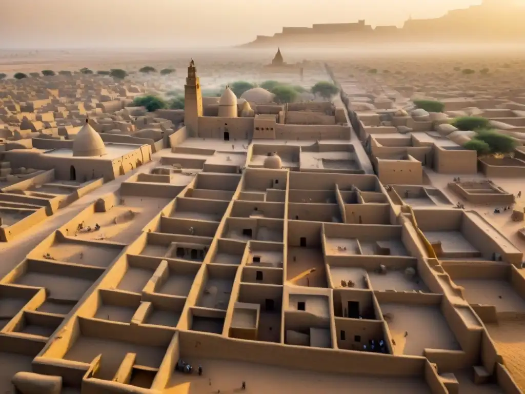 Vista aérea de Timbuktu en Mali, con sus monumentos históricos de África Occidental y sus mezquitas, bañados por la cálida luz dorada del atardecer