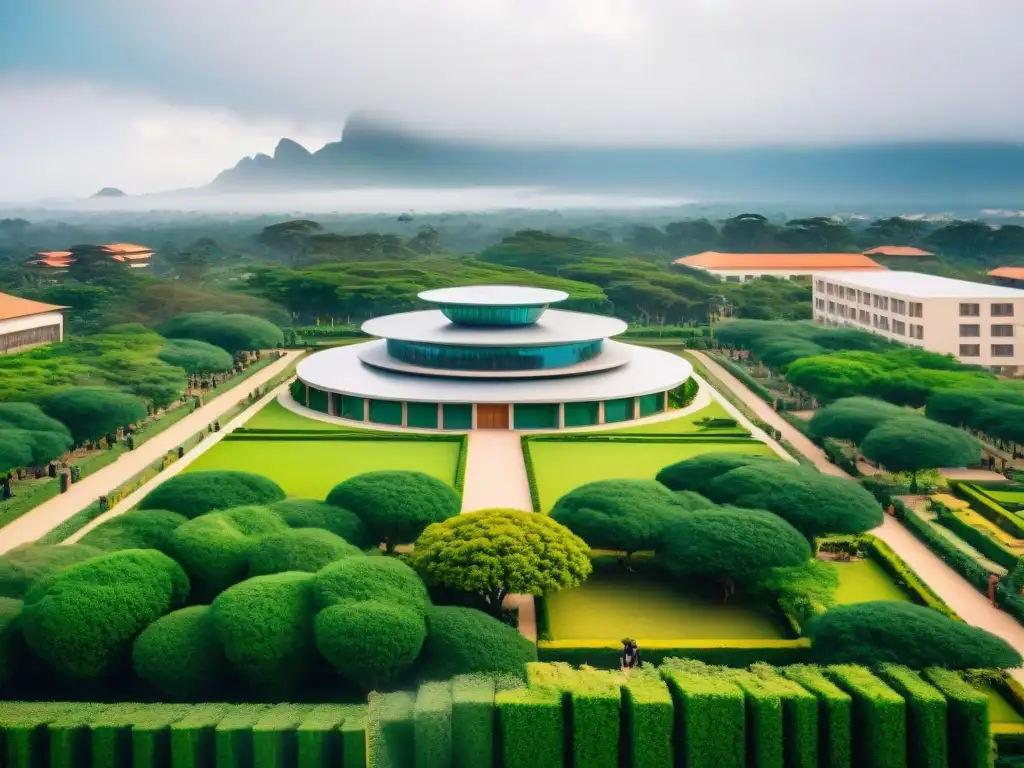 Vista aérea de una universidad africana con arquitectura tradicional y moderna, estudiantes entre edificios y vegetación exuberante