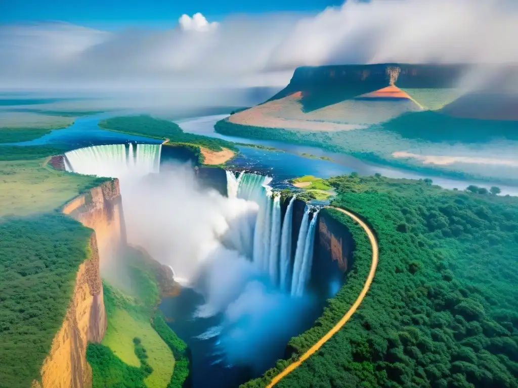 Una vista aérea de una vasta sabana africana con una gran represa hidroeléctrica generando energía renovable, rodeada de vida silvestre en armonía