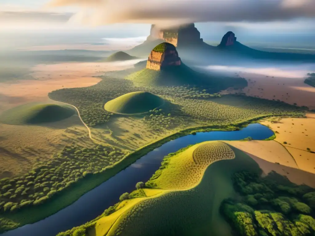 Vista aérea de la vasta sabana africana con antiguas rutas de migración Bantu, resaltando descubrimientos arqueológicos