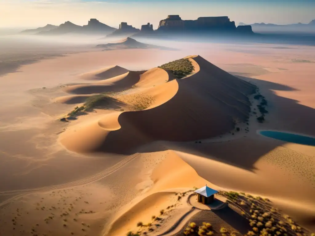 Vista aérea del vasto desierto africano con antiguas fortificaciones estratégicas protegiendo riquezas