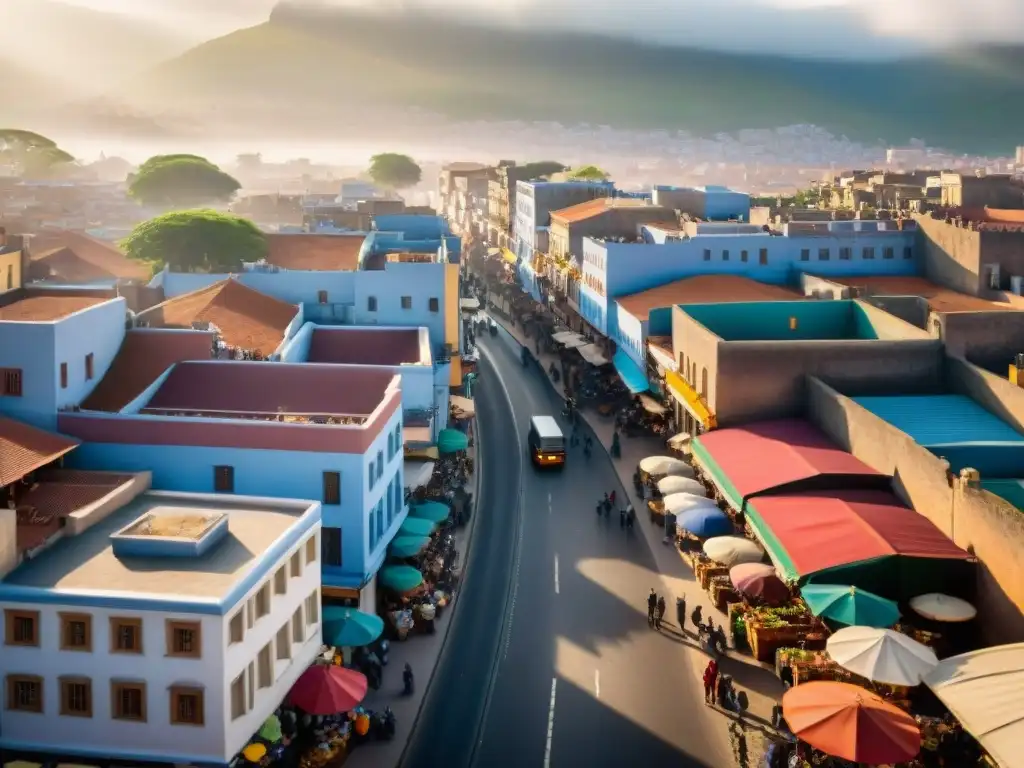 Vista aérea de la vibrante fusión de arquitectura tradicional y moderna en rutas comerciales en ciudades africanas