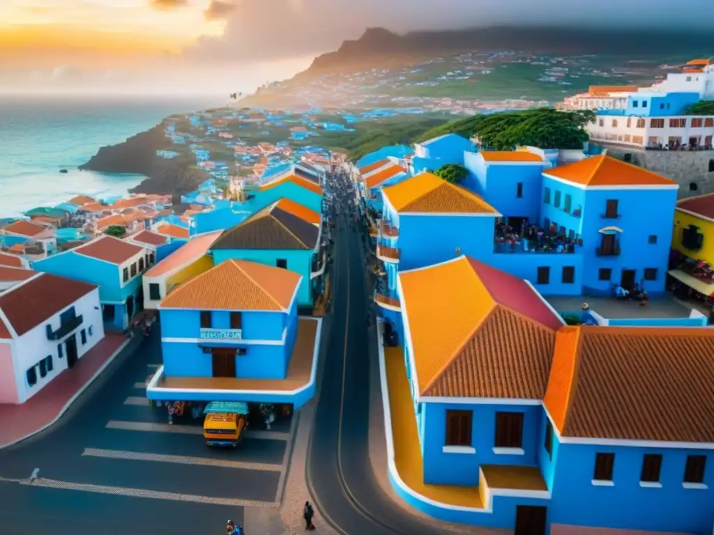 Vista aérea de la vibrante ciudad de Praia en Cabo Verde, con edificios coloridos, mercados bulliciosos y el océano azul de fondo