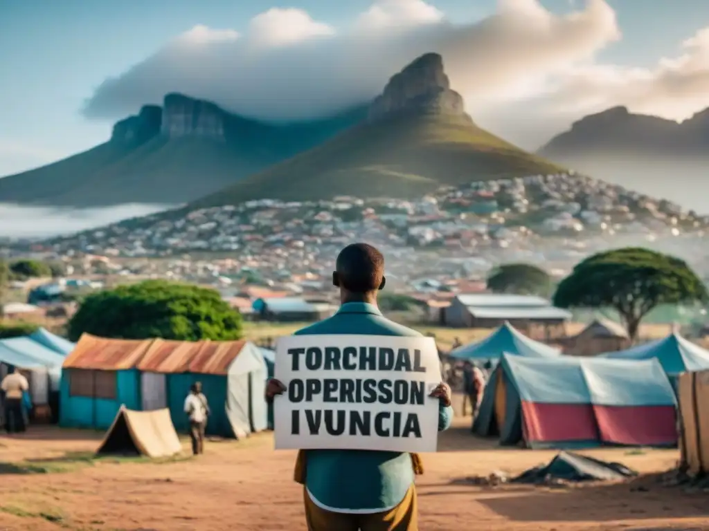 Vista de un barrio degradado en Sudáfrica, con una protesta pacífica y mensajes de resistencia contra el apartheid en Sudáfrica