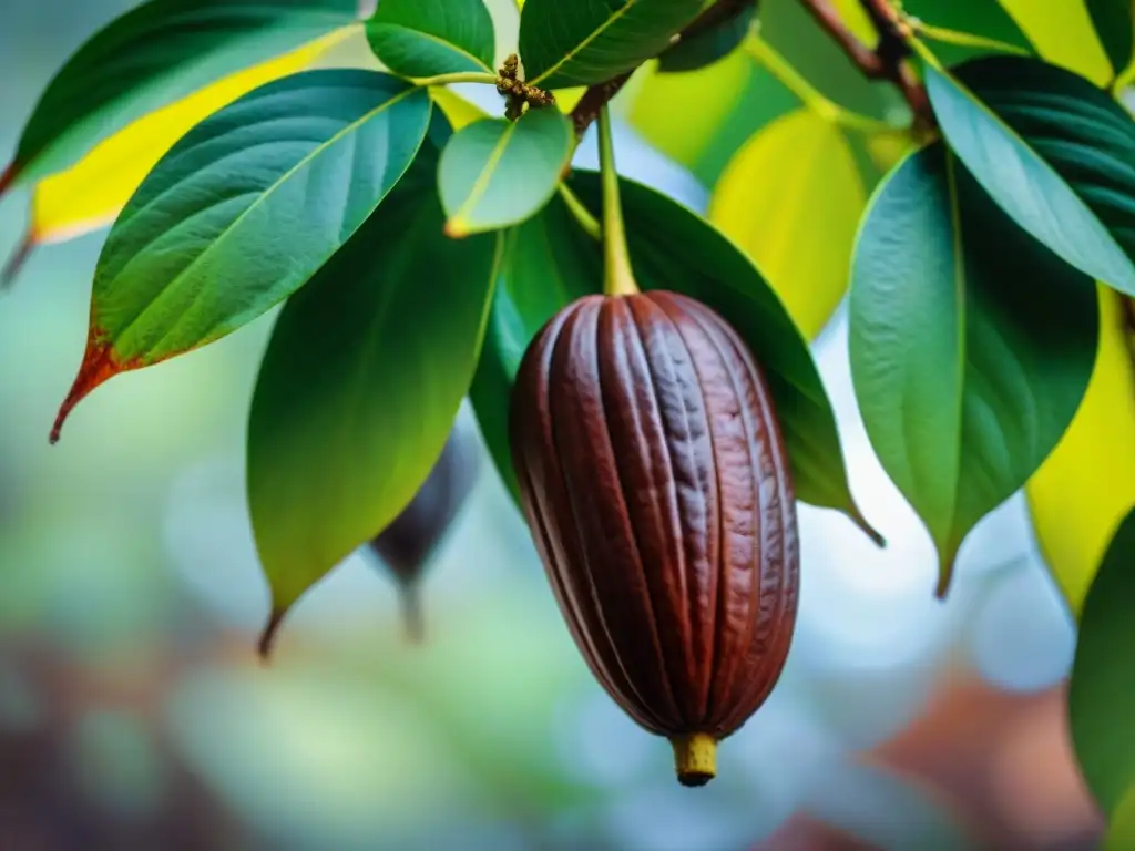 Una vista cercana de una vaina de cacao en Santo Tomé y Príncipe, resaltando la exuberante vegetación y la textura del cacao