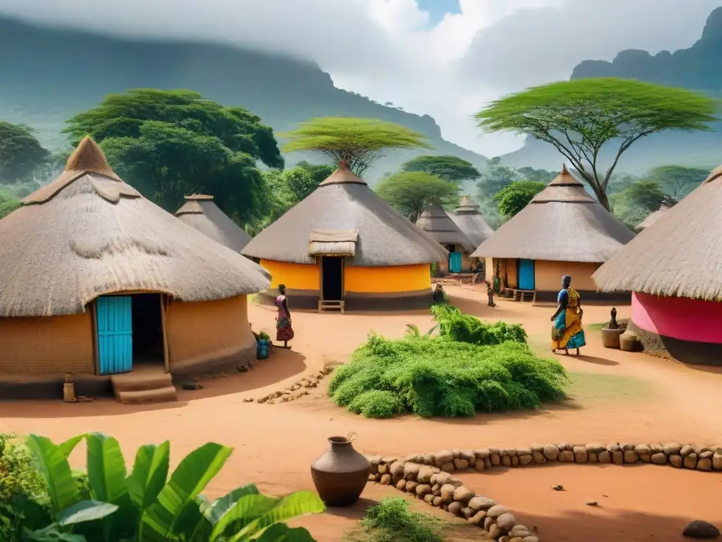 Vista detallada de una aldea africana con arquitectura sostenible y diseño africano ancestral en armonía con la naturaleza