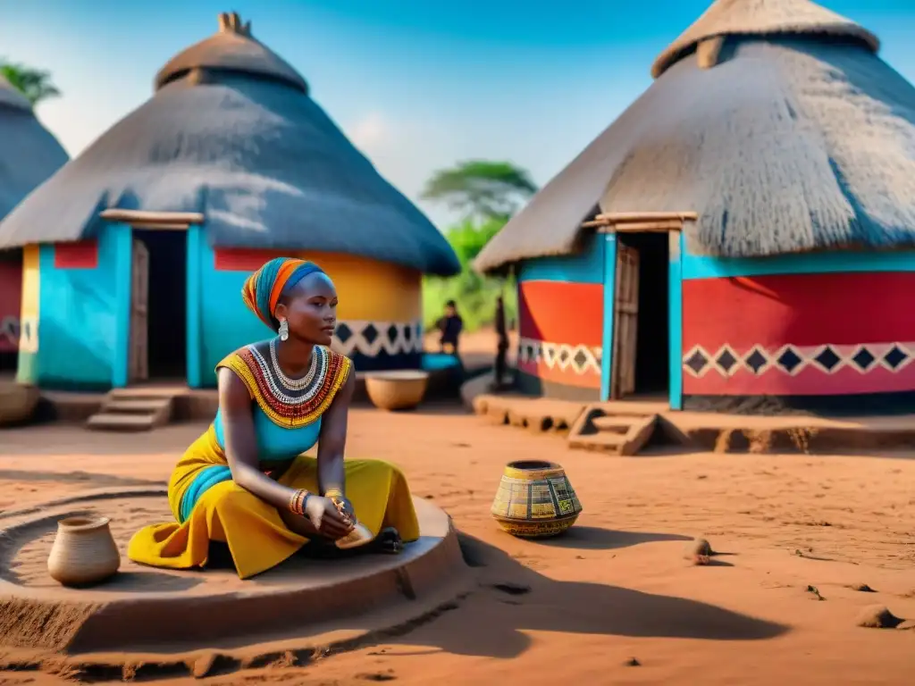 Vista detallada de una aldea africana con decoración arquitectónica tradicional y colorida