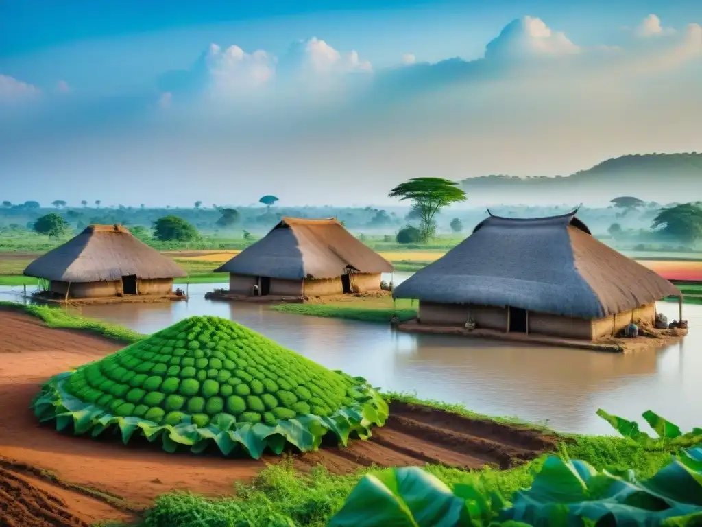 Vista detallada de una aldea tradicional en Ghana con actividades diarias y paisaje de la sabana, evocando el Imperio de Ghana historia completa