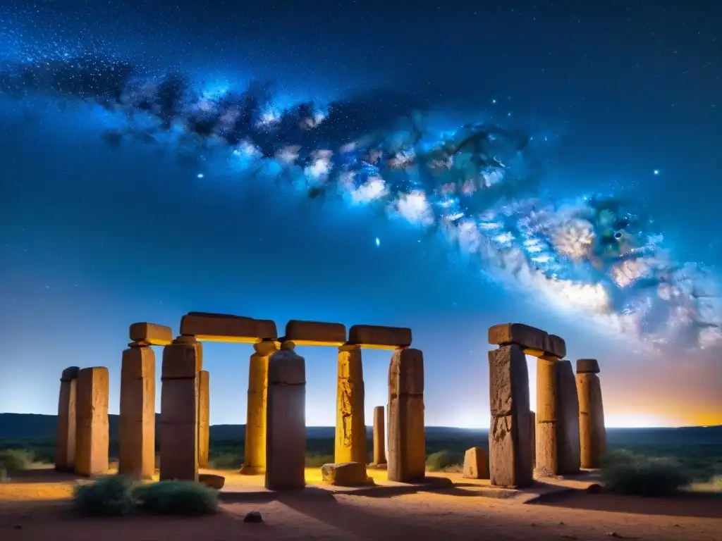 Vista detallada de los antiguos pilares de Namoratunga bajo el cielo africano, mostrando el Milky Way