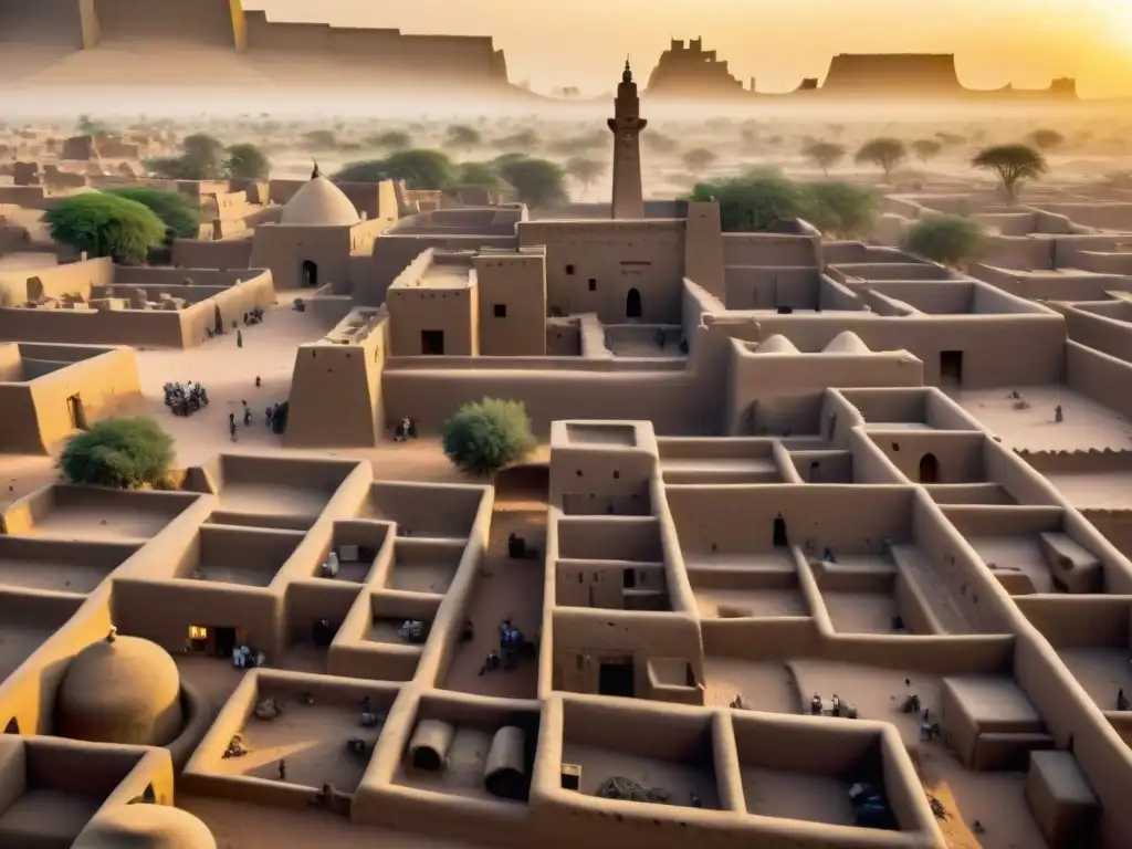 Vista detallada de la arquitectura en adobe de la ciudad imperial de Timbuktu en Mali, fusionando urbanismo en el Sahel