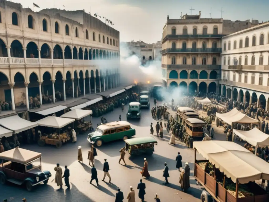 Vista detallada de la Batalla de Argelia, mercado bullicioso con habitantes africanos y coloniales franceses entre edificios dañados