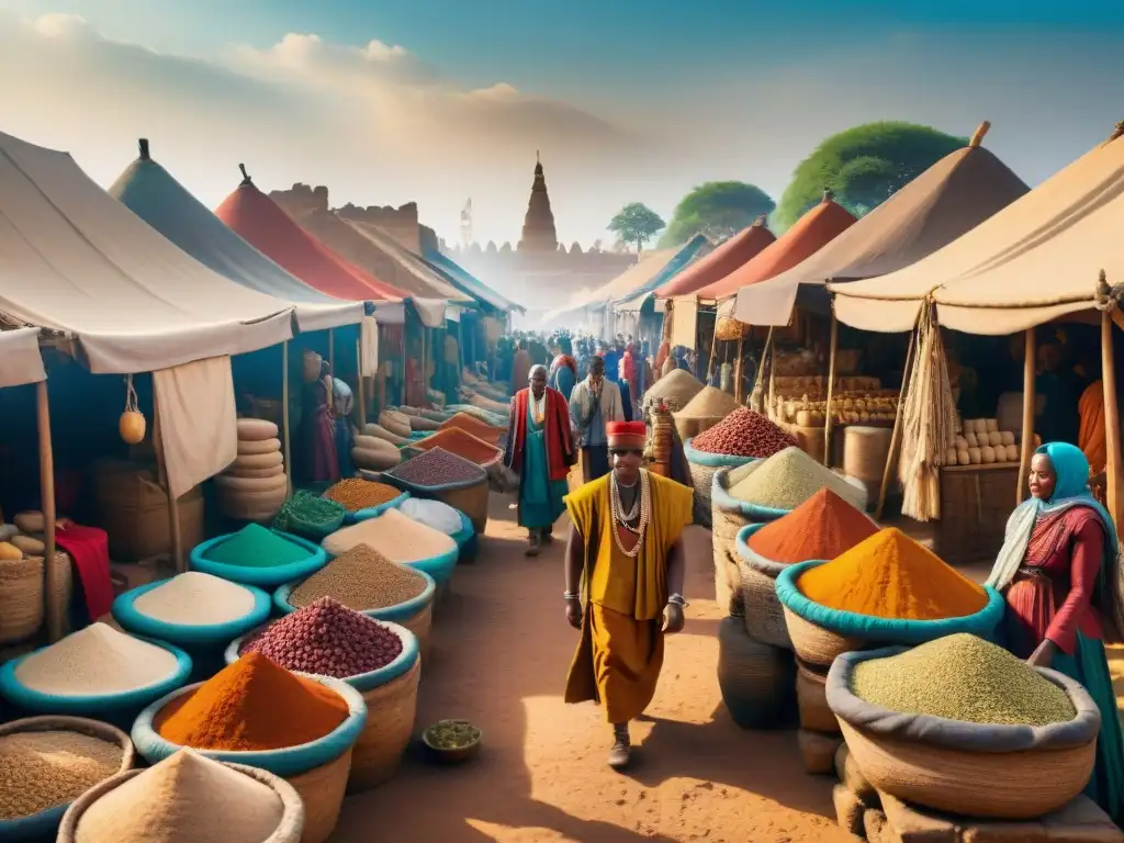 Vista detallada del bullicioso mercado antiguo de Aksum, con colores vibrantes y mercancías exquisitas