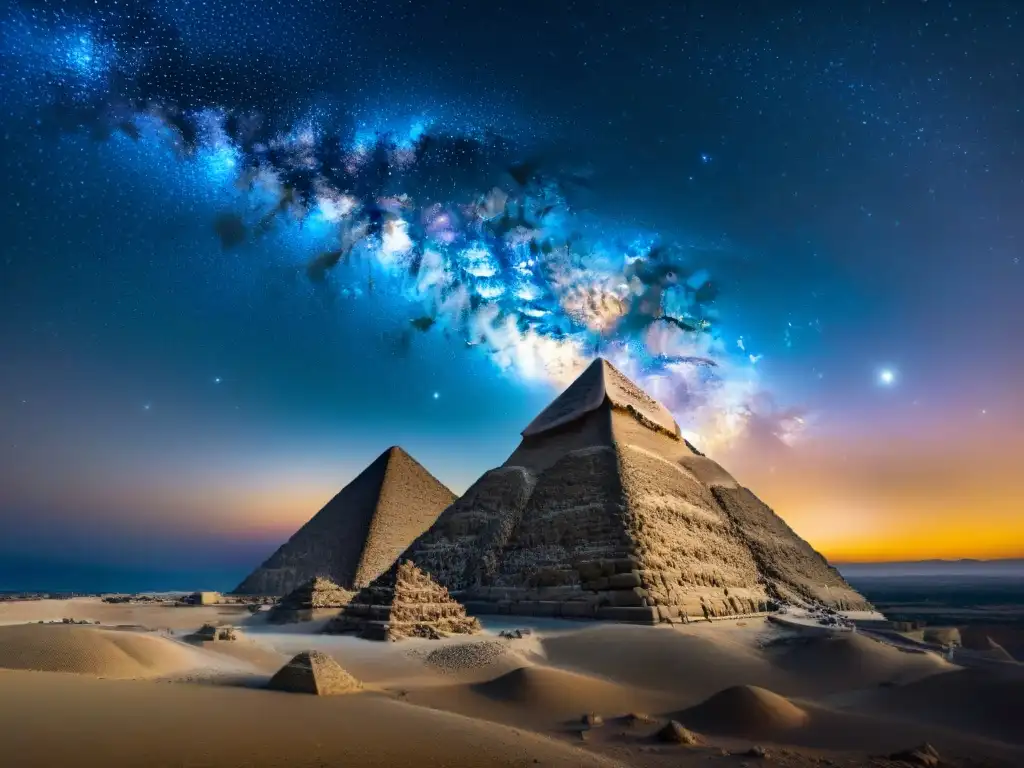 Una vista detallada del cielo nocturno sobre la Gran Pirámide de Giza, mostrando las constelaciones como las veían los astrónomos egipcios antiguos