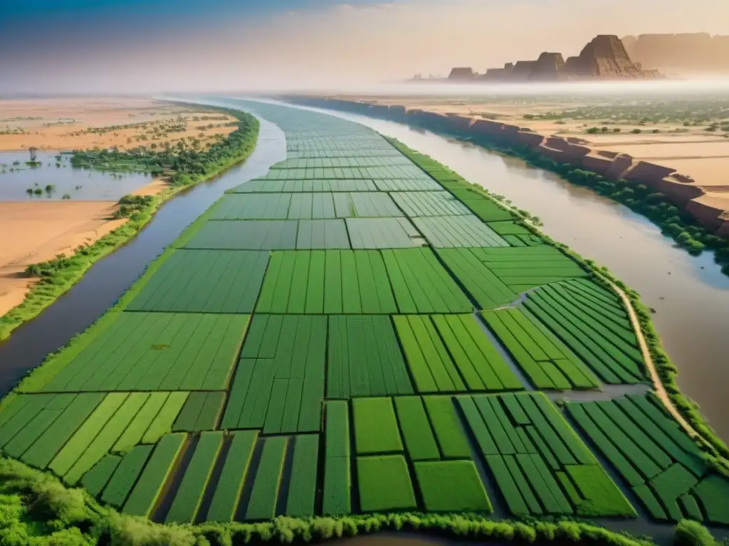 Vista detallada de las fértiles llanuras del Nilo en Nubia durante la inundación anual