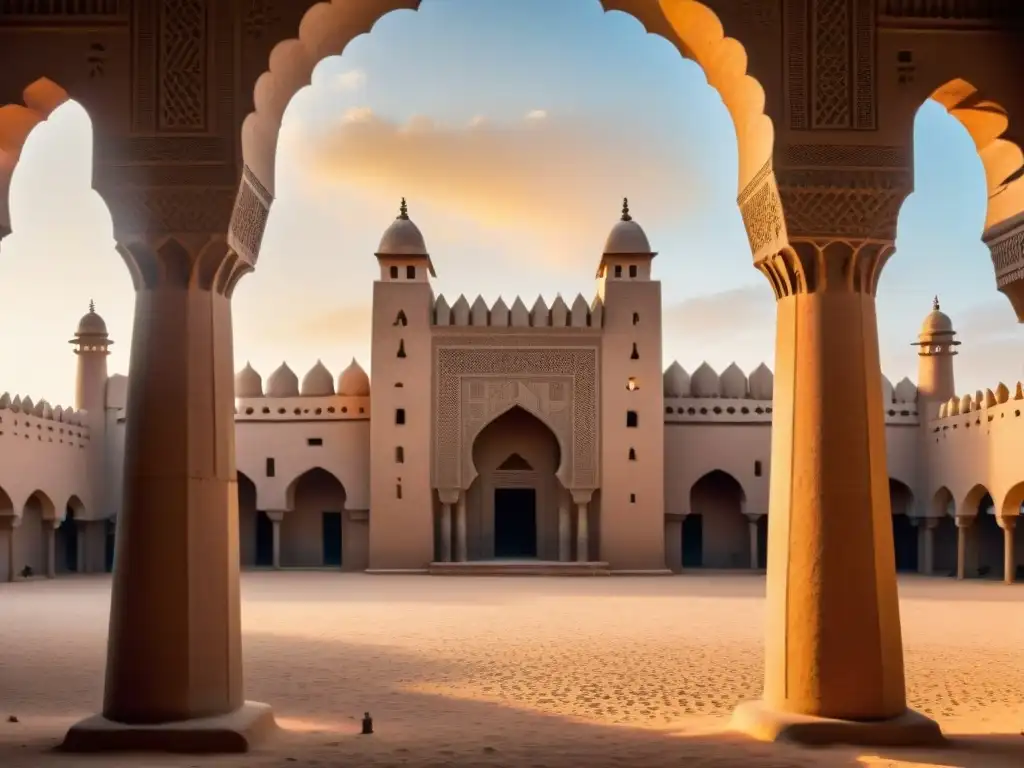 Vista detallada de la Gran Mezquita de Djenné en Mali al atardecer, reflejando la arquitectura africana a través del tiempo