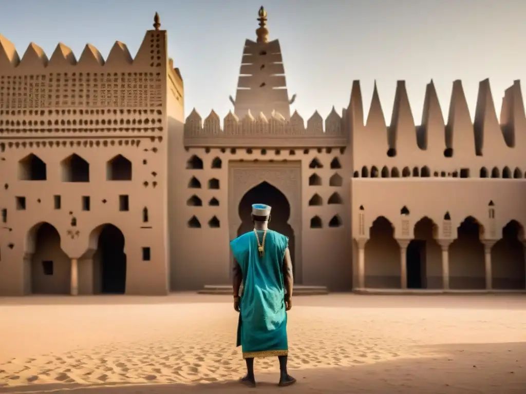 Vista detallada de la Gran Mezquita de Djenné en Mali, con su arquitectura de adobe, minaretes imponentes y patio lleno de fieles