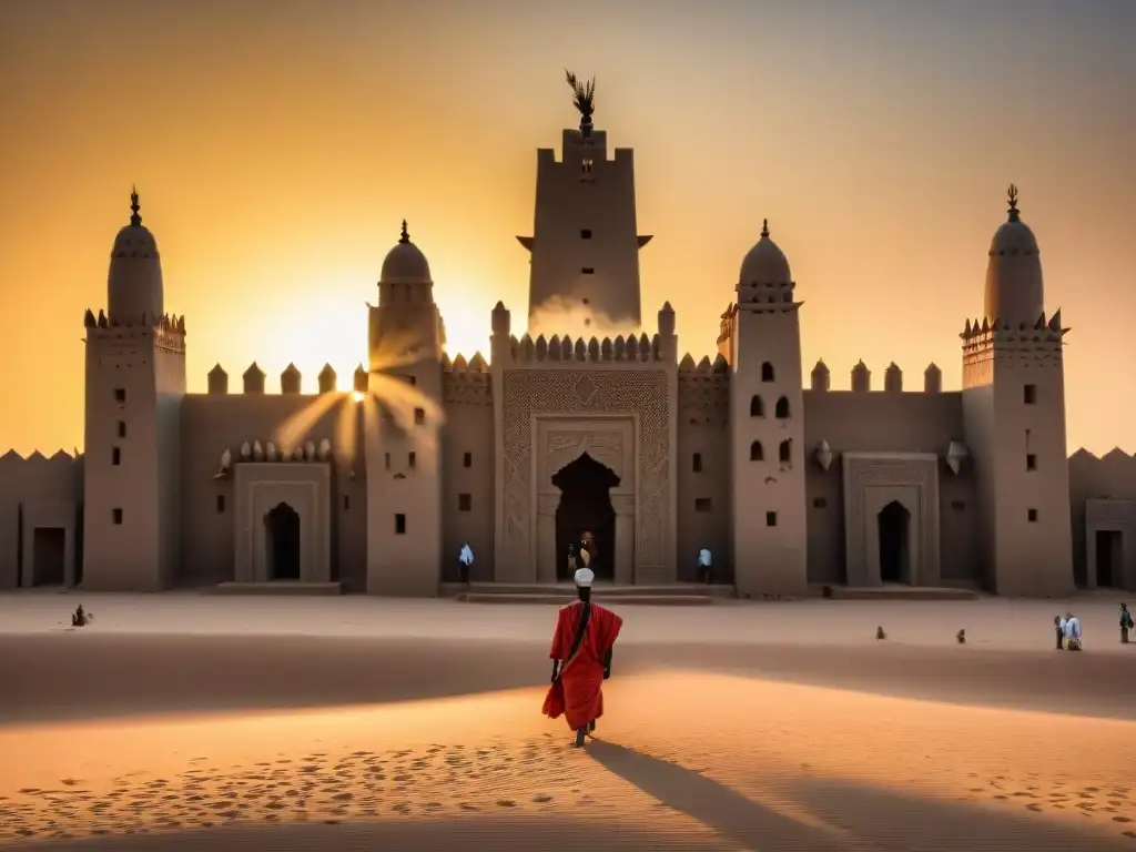 Una vista detallada de la Gran Mezquita de Djenné en Mali al atardecer, mostrando su arquitectura de ladrillo de barro y fieles rezando