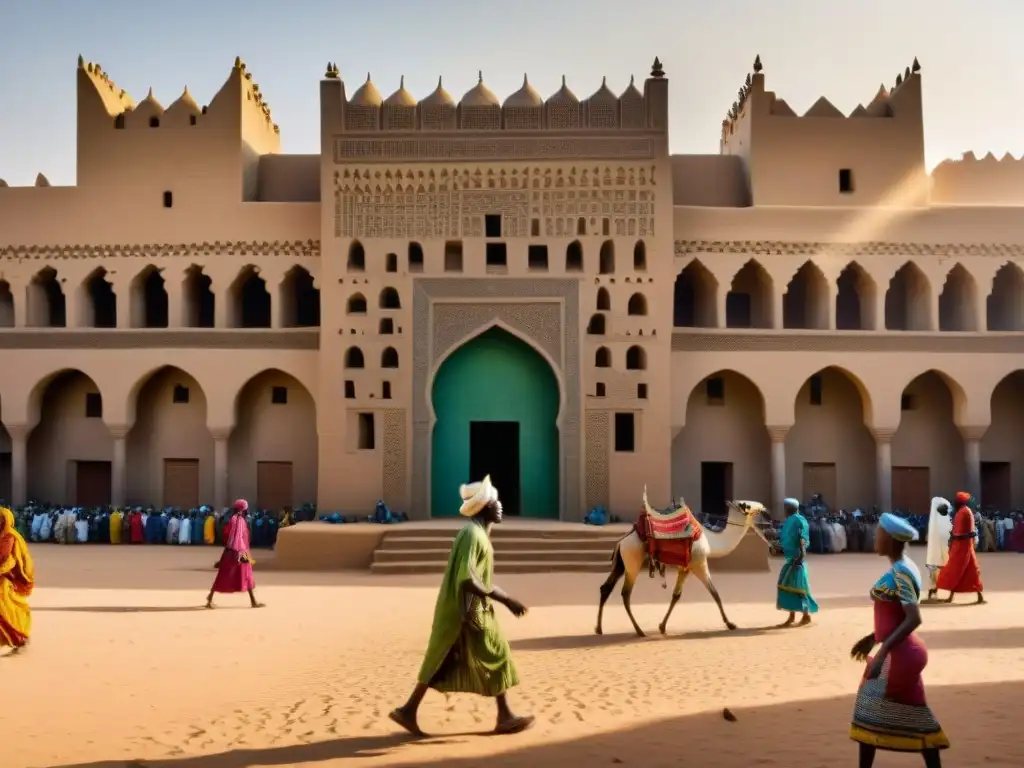 Vista detallada de la Gran Mezquita de Djenné en Mali, donde historia, arquitectura y comercio se entrelazan, reflejando la riqueza de África