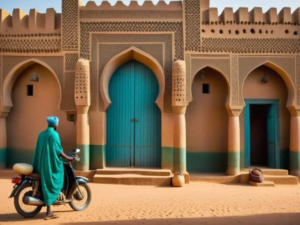 Vista detallada de la Gran Mezquita de Djenné en Mali con su arquitectura de barro y la vida bulliciosa del mercado, en Ciudades legendarias de África