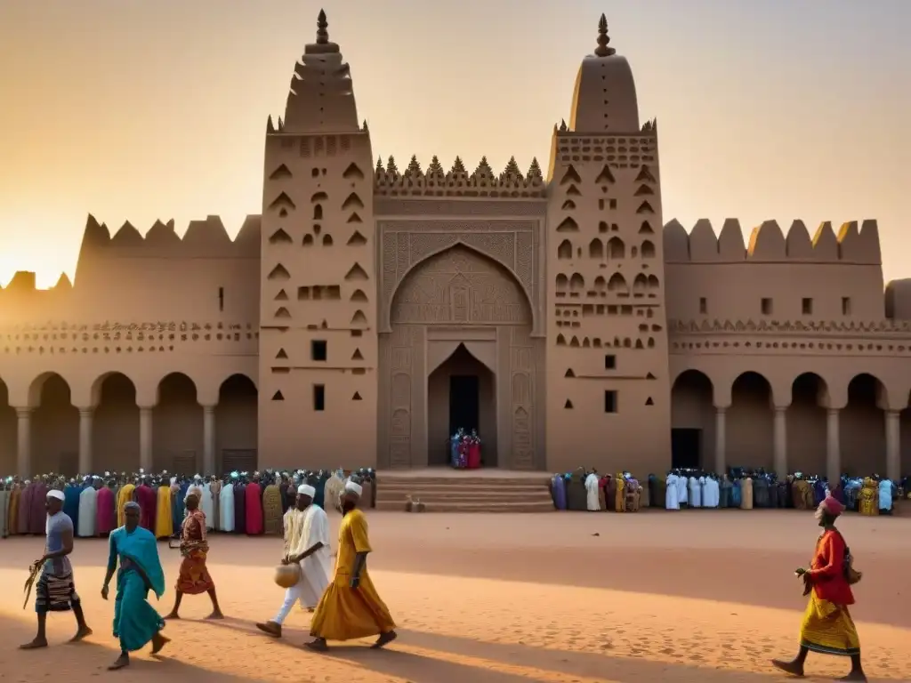 Vista detallada de la Gran Mezquita de Djenné en Mali, fusionando estilos arquitectónicos islámicos y africanos con influencia extranjera en arte y arquitectura africanos bajo la luz dorada del atardecer