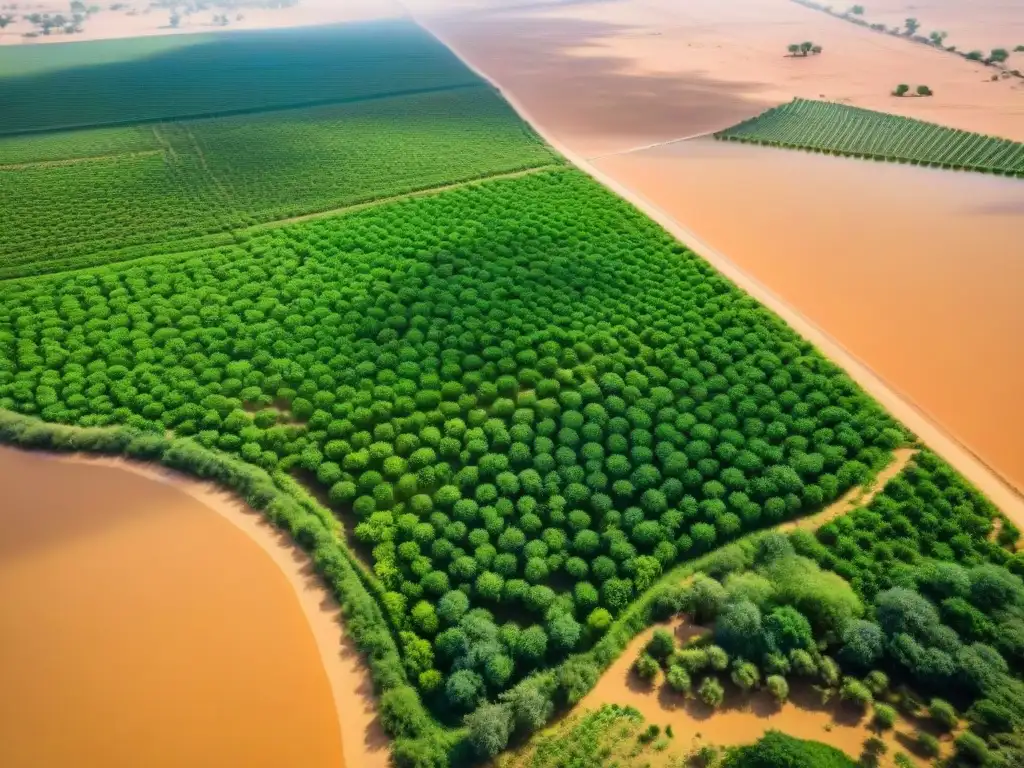 Una vista detallada de un oasis vibrante en la región del Sahel, destacando innovaciones tradicionales en la agricultura