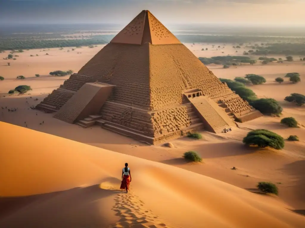 Vista detallada de las pirámides nubias en Meroe, Sudan, resaltando su arquitectura y el paisaje desértico