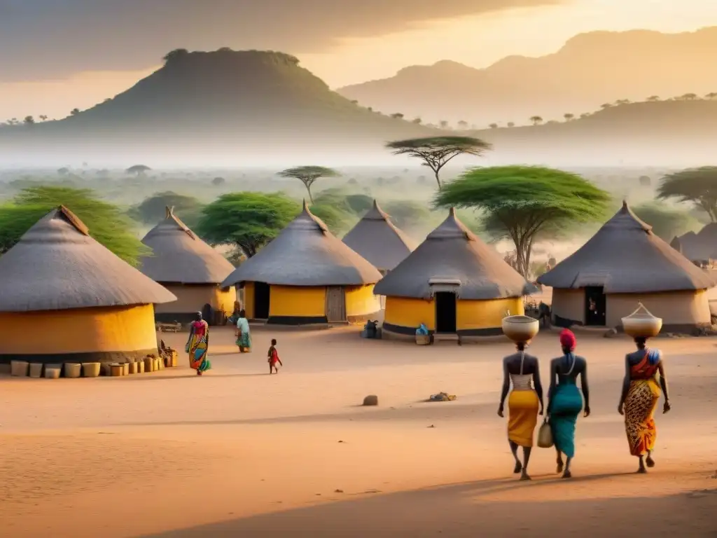 Vista detallada de un pueblo africano tradicional con arquitectura simbolismo en la savana al atardecer