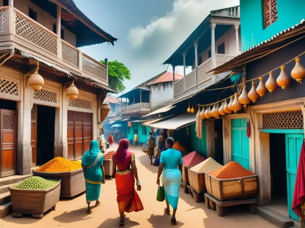 Vista detallada de Stone Town en Zanzíbar, con arquitectura ornamental, calles bulliciosas y el Océano Índico