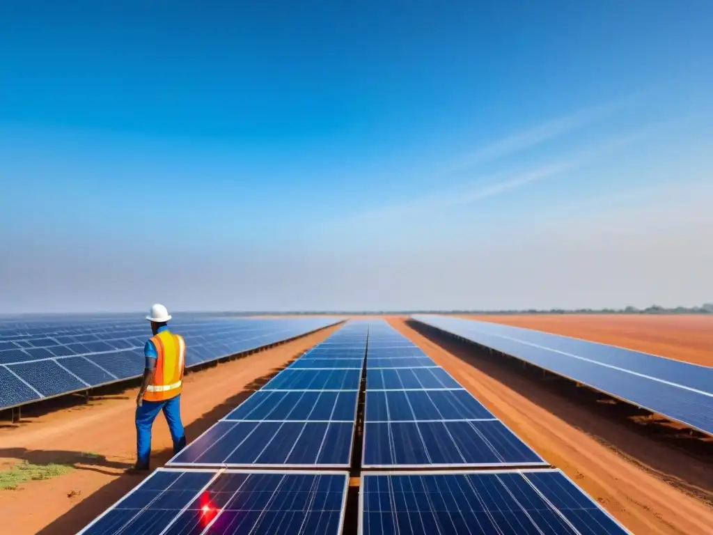 Vista de granja solar en la sabana africana, trabajadores locales en mantenimiento