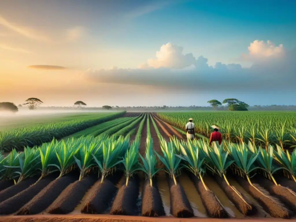 Vista impactante de plantación de azúcar africana del siglo XVIII, reflejando la dura historia de esclavitud en África