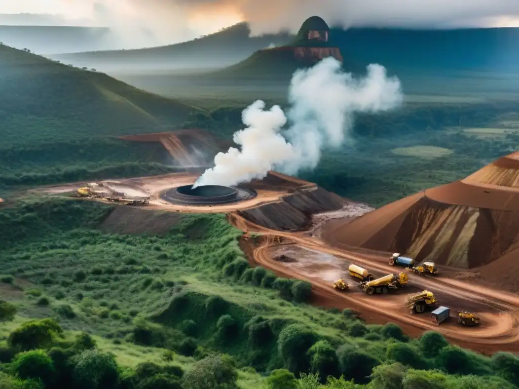 Vista impactante de mina de coltán en África: rostros cansados, paisaje devastado y contraste natural