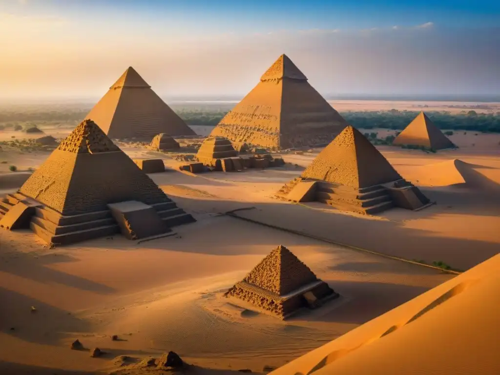 Vista impresionante de las antiguas pirámides de Meroe en Sudán al atardecer, destacando estilos arquitectónicos antiguos en África