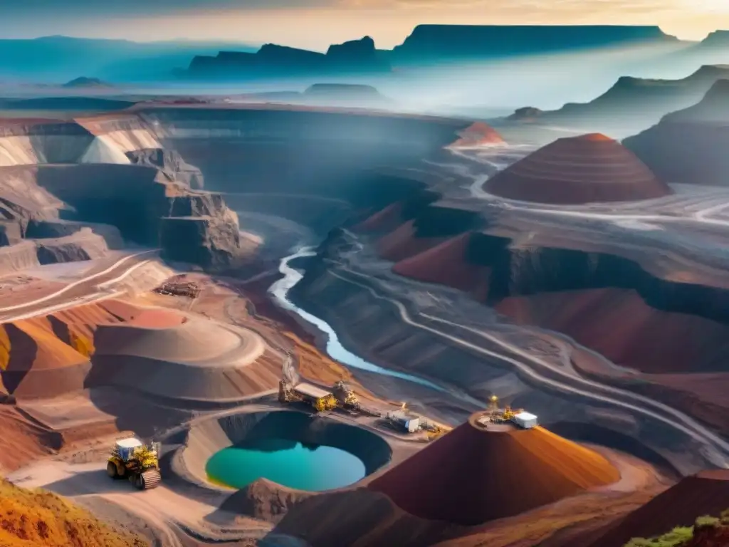 Vista impresionante de un paisaje africano con mineros y una mina a cielo abierto, simbolizando la extracción de minerales estratégicos en África