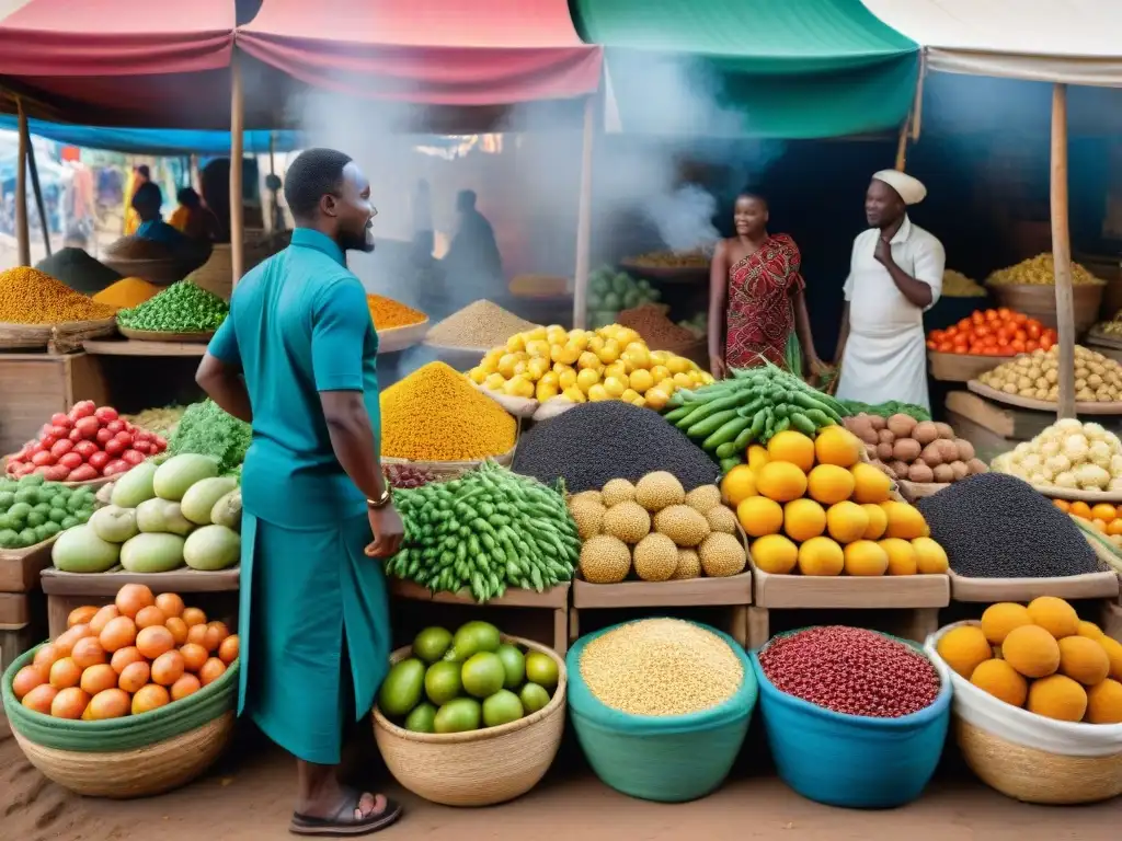 Vista panorámica de un bullicioso mercado al aire libre en África, celebrando la influencia de la gastronomía africana en global