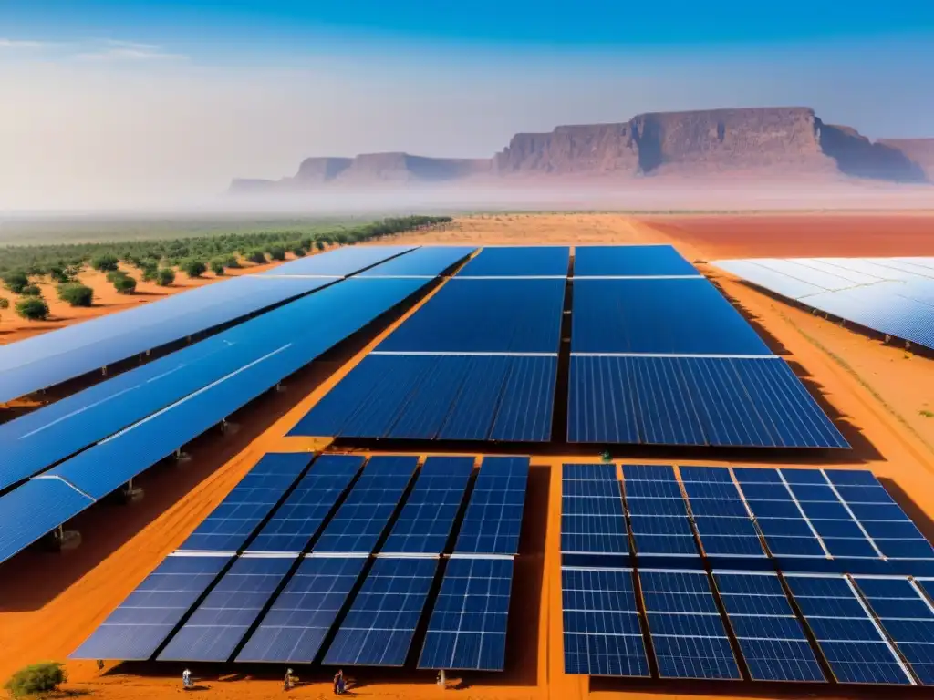 Vista panorámica de una granja solar en el desierto africano con trabajadores locales inspeccionando paneles solares