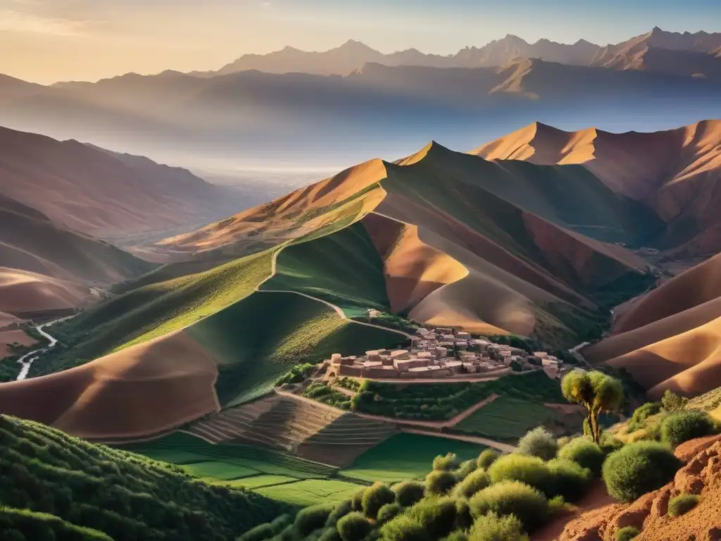 Vista panorámica de las Montañas del Atlas al atardecer, resaltando la historia de los Bereberes en África