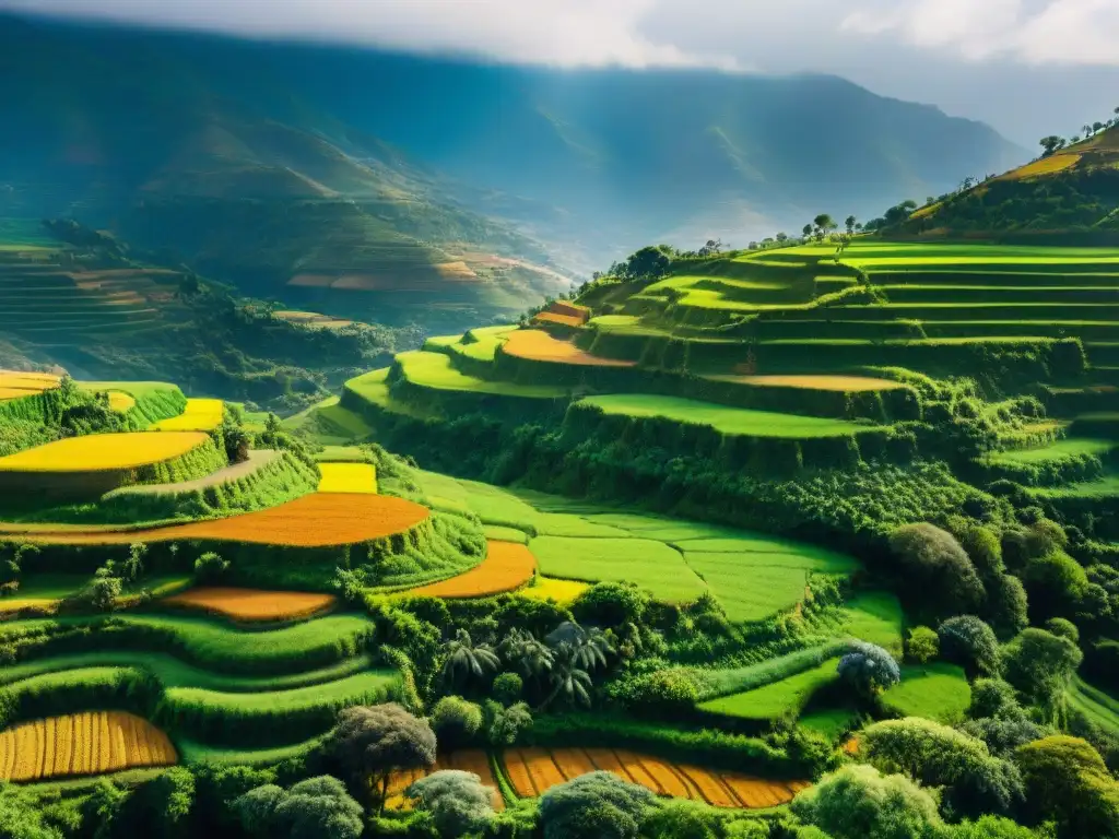 Vista panorámica de las terrazas agrícolas etíopes, símbolo de ingeniería ancestral en armonía con la naturaleza