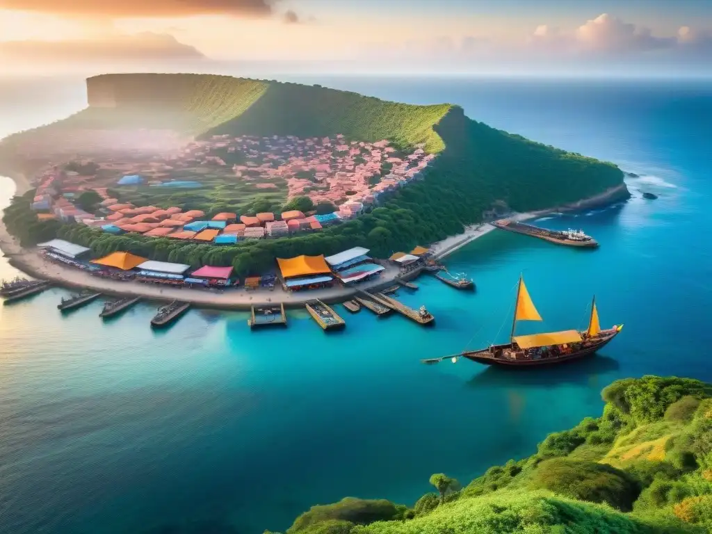 Vista vibrante de ciudad costera Swahili al atardecer, con arquitectura coralina, mercados y barcos en puerto