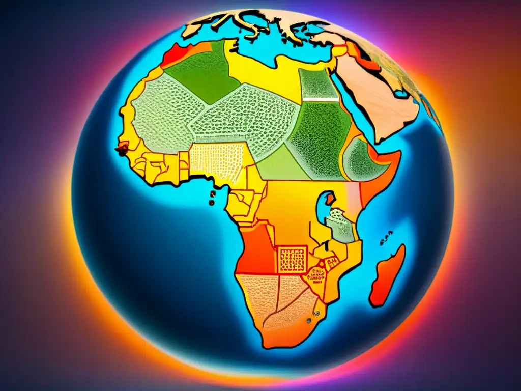 Mapa cósmico africano: fusión de creencias ancestrales y ciencia moderna Fusión visual: mapa cosmológico africano tradicional con símbolos vibrantes, integrando la física moderna