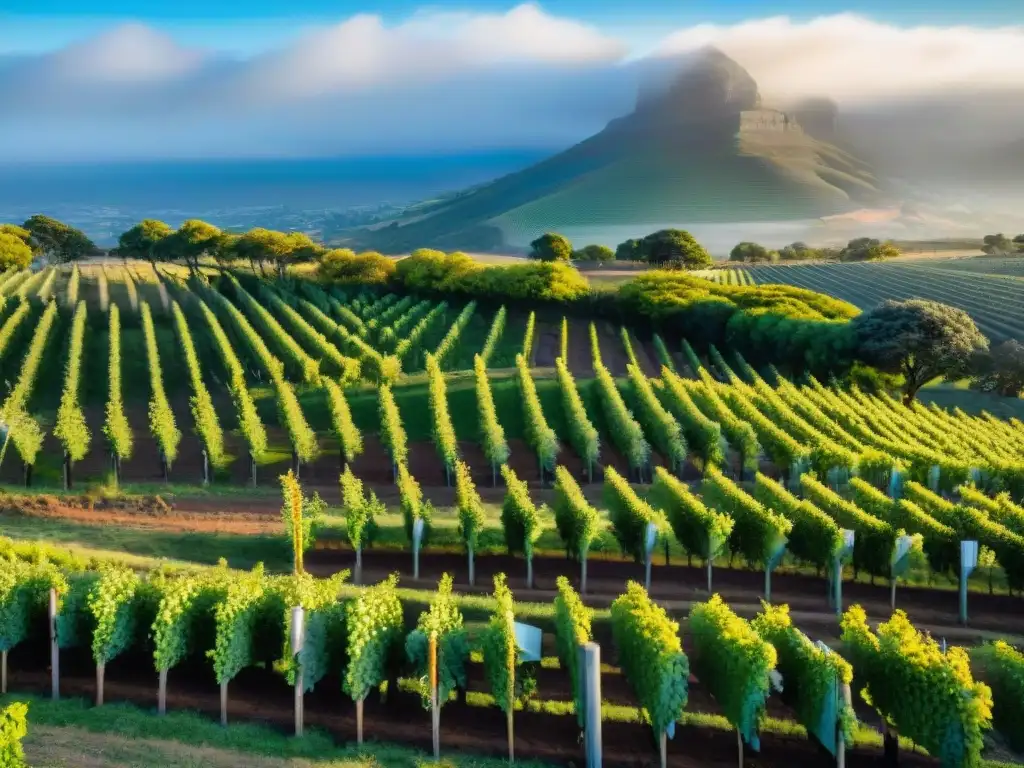 Un viticultor sudafricano inspeccionando uvas maduras en un viñedo, con moderno equipo de producción de vinos