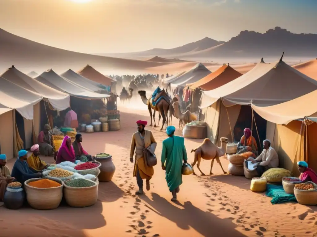 Mercado bullicioso en el desierto del Sáhara: comercio transahariano Vívida escena del Comercio Transahariano: mercaderes intercambian monedas y bienes en un bullicioso mercado del desierto sahariano