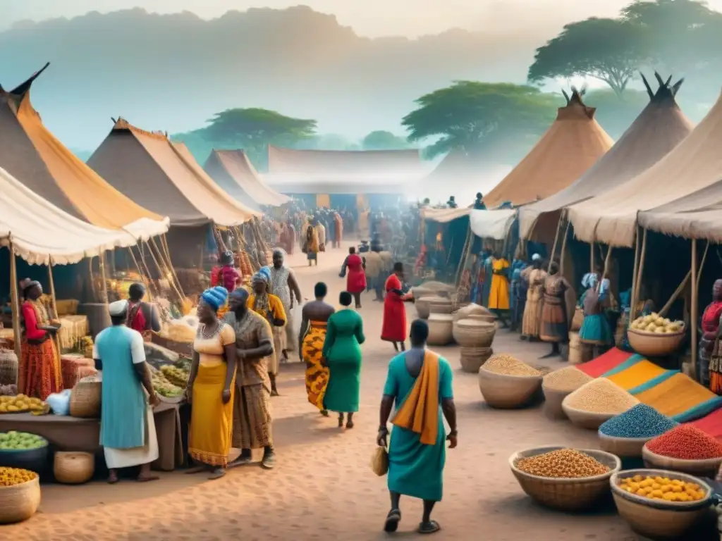 Vívida escena de mercado precolonial en África, mostrando impacto económico antes de la esclavitud