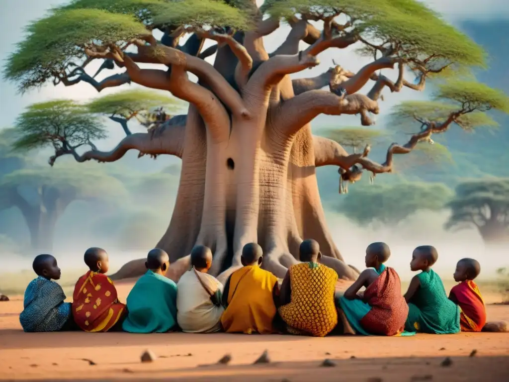 Vívida escena de niños africanos aprendiendo arte bajo baobab