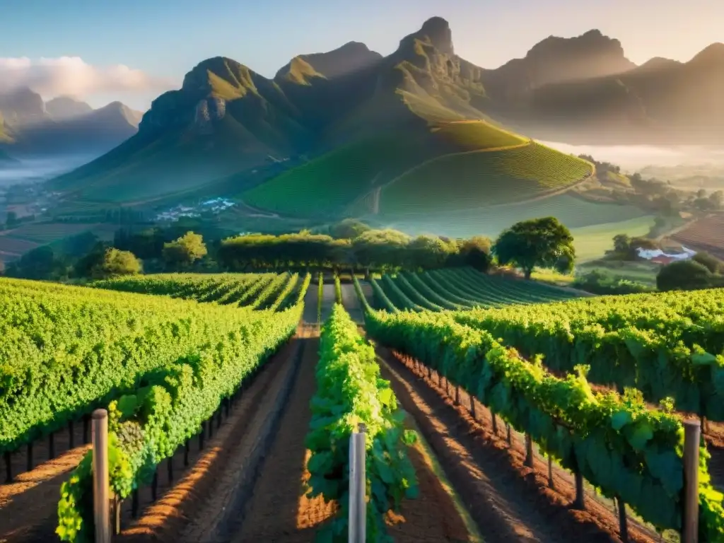 Vividas viñas de Stellenbosch al atardecer, destacando la belleza de la vinicultura africana en el mercado global