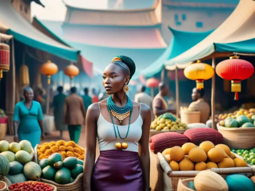 Vívido mercado africano con comercio entre africanos y chinos: telas, frutas, arte y tecnología