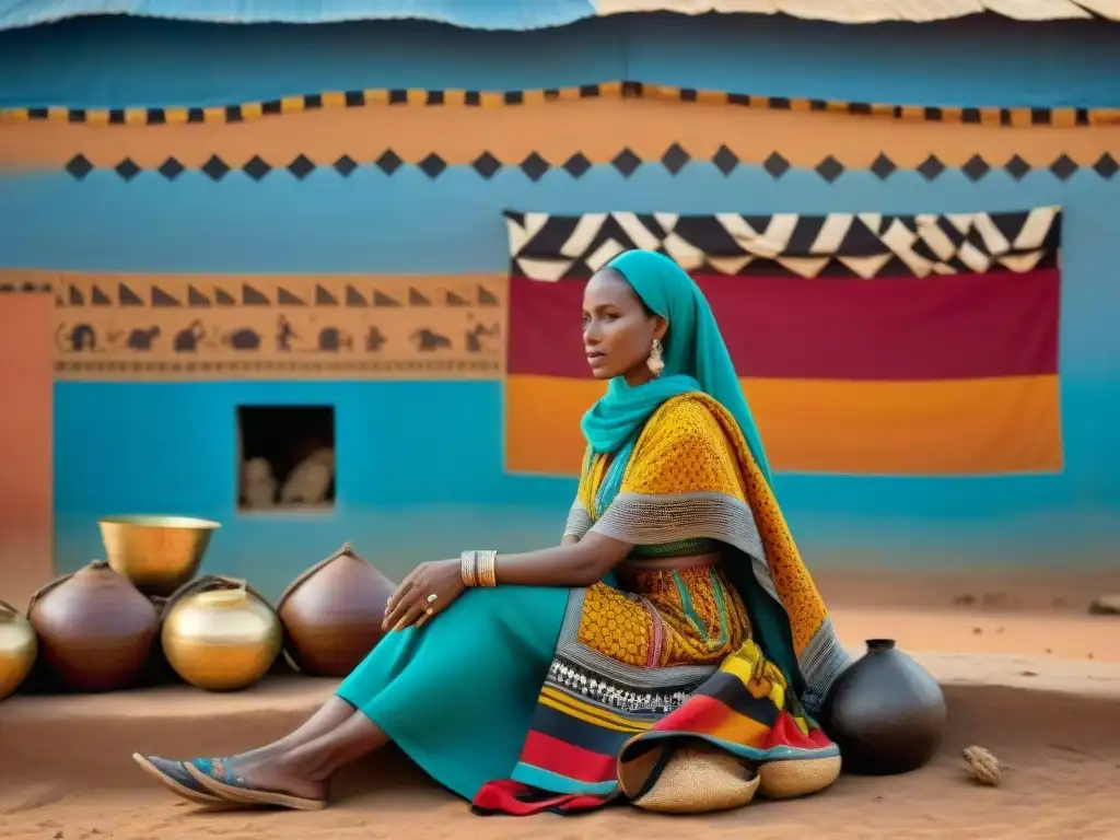 Vívido mural de mujeres sahelianas en actividades diarias en un bullicioso mercado, reflejando relaciones de género en Sahel