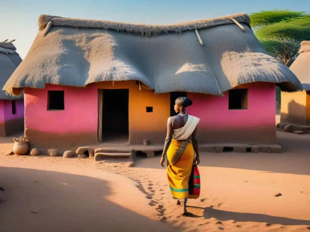 Viviendas y asentamientos africanos antiguos: Detalle de aldea con mujeres y niños, atardecer cálido y estructuras de ladrillo y paja