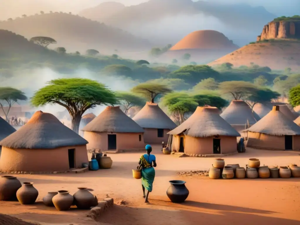 Viviendas y asentamientos africanos antiguos al amanecer: huts de barro, mujeres con cántaros y niños jugando en las calles polvorientas